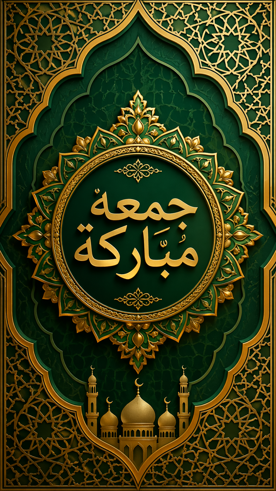 Jummah Mubarak greeting with ornate gold Islamic geometric pattern on emerald green background, vertical format